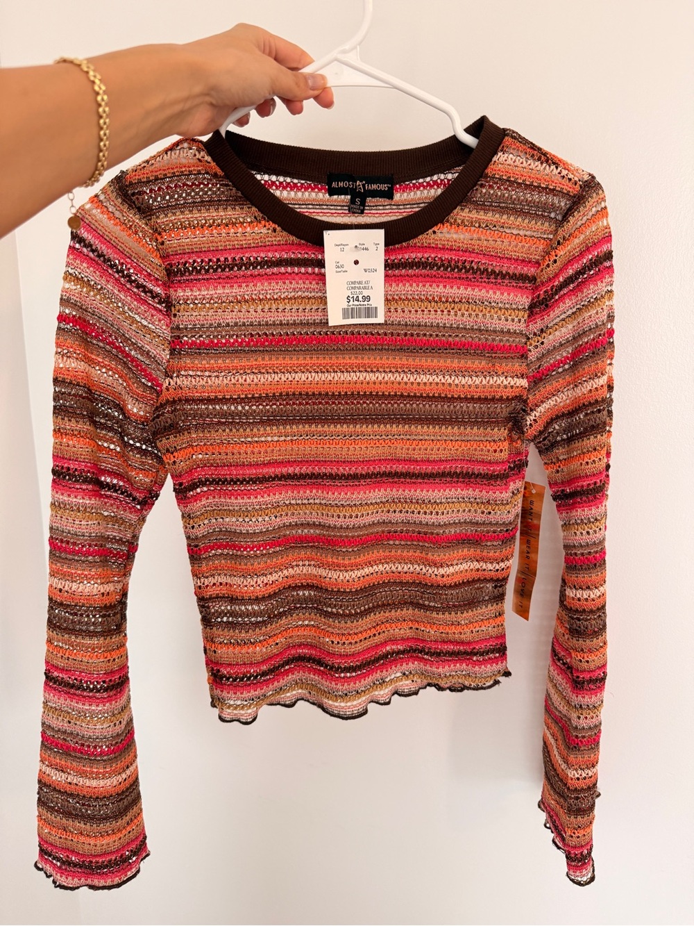 Almost Famous Striped Crochet Long-Sleeve Top - Pink, Brown & Orange